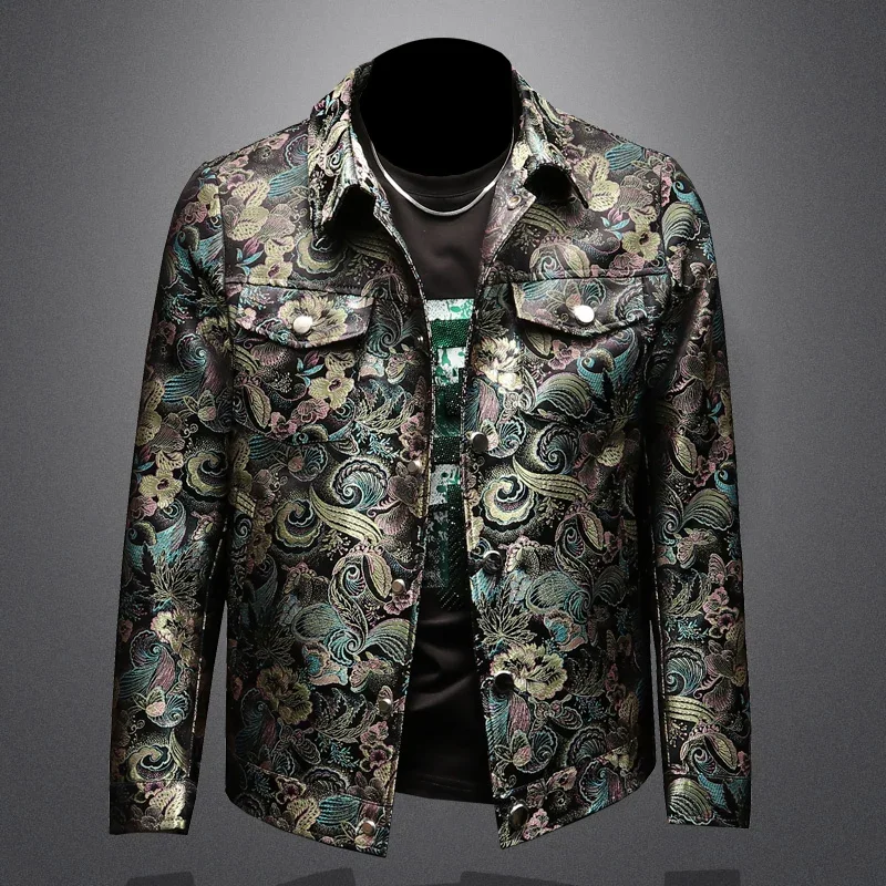 Vintage Jacquard Men's Jacket 2025 Spring Lapel Long Sleeve Casual Jackets Fashion Social Streetwear Business Outwear Coats