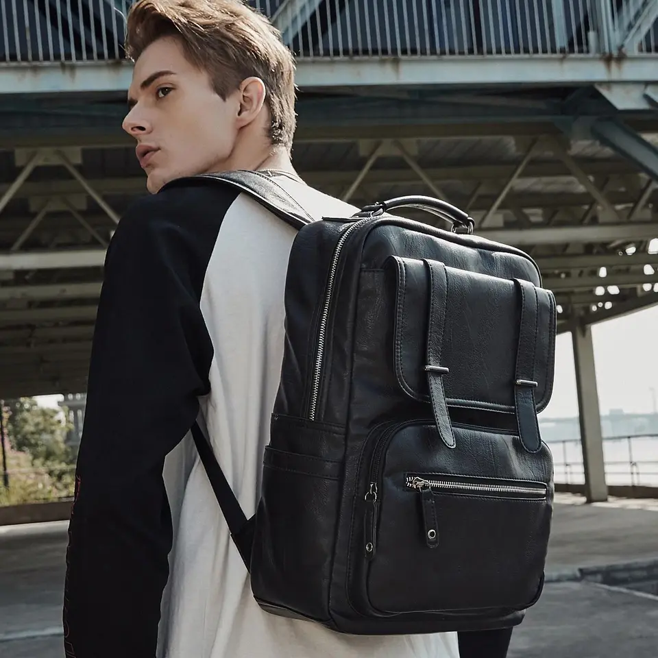 china leather backpacks micani Men's Waterproof Leather Laptop Backpack 15.6 Inch