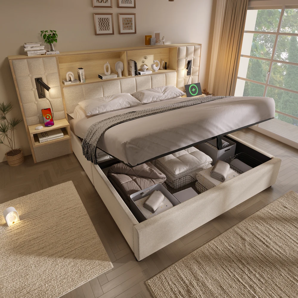 Letto imbottito 160/180x200 cm in lino con spazio contenitore, letto modulare con 2 comodini integrati, struttura letto con doghe incluse, letto moderno di lusso in tessuto con contenitore per la