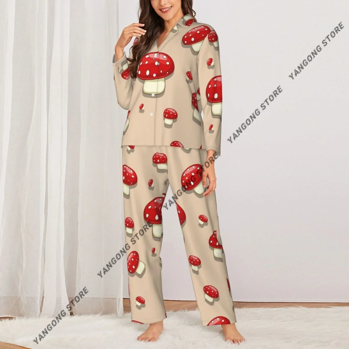 Women Sleepwear Pajamas Woodland Spotted Toadstool Season Forest Mushroom Long Sleeve Pijama Female Set Negligee Cardigan Suit