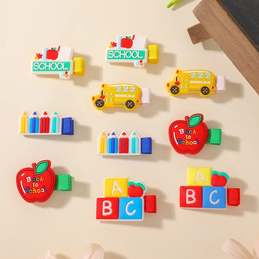 10Pcs Cartoon School Bus Pencil Alphabet Soft PVC Hair Clips Pack Toddler Girls Student Daily Hair Barrettes