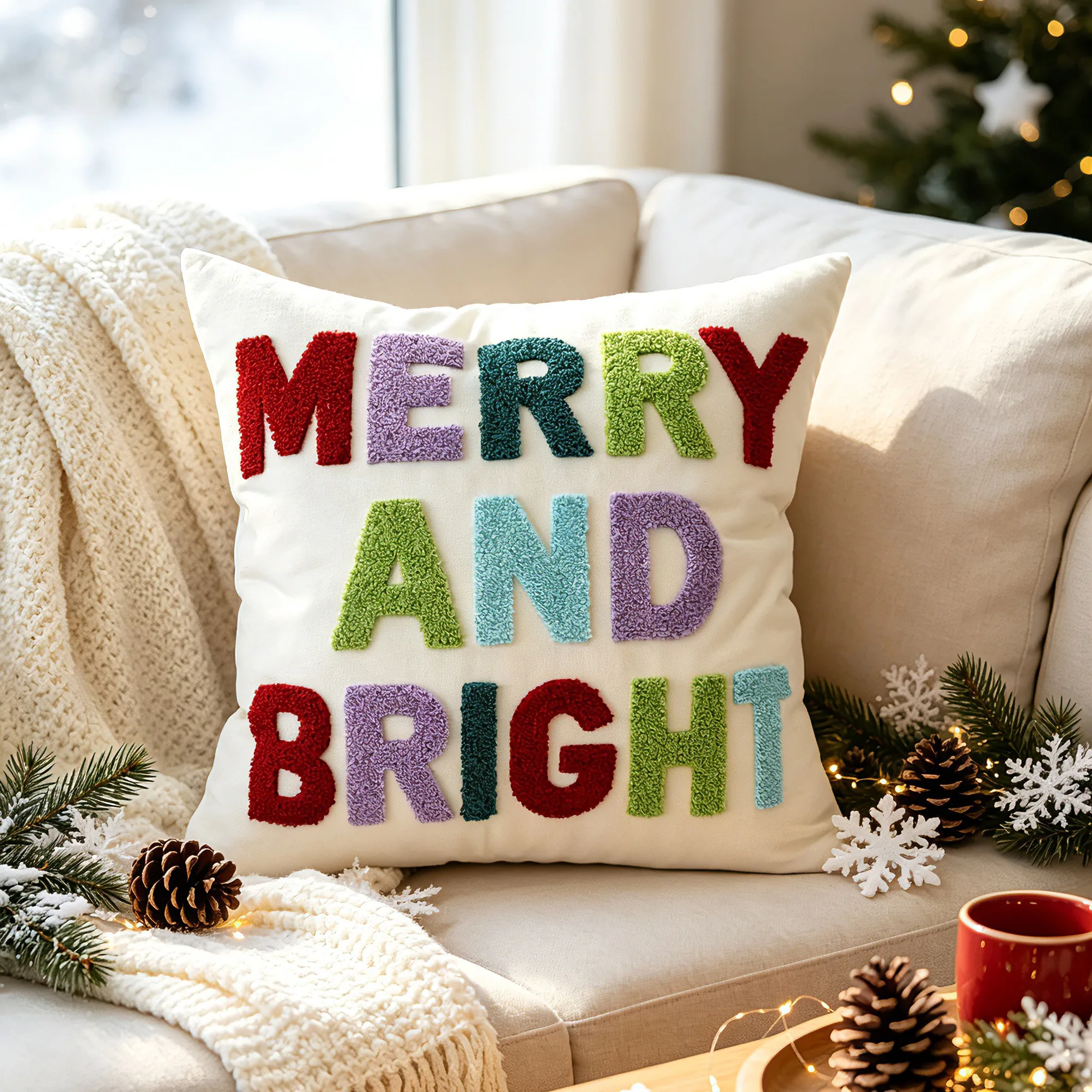 Weihnachtsbaum-Stickerei-Kissenbezug, weicher, mit Schneeflocken bestickter Kissenbezug, Weihnachts- und Neujahrsdekoration – Detail 7