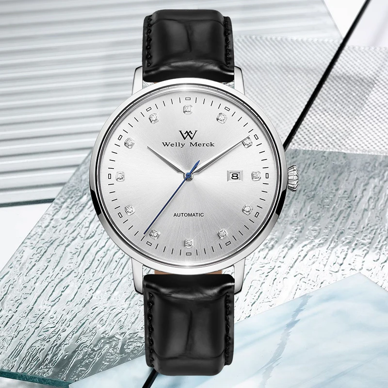 ساعة WM ساعات آلية أوتوماتيكية مقاومة للماء كلاسيكية كاجوال لرجال الأعمال ساعة Welly Merck WM071M