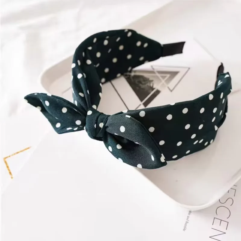 Effen kleur stof Polka Dot Bow hoofdband voor kinderen Elegant temperament Brede hoofdband Mode meisje make-up haarband