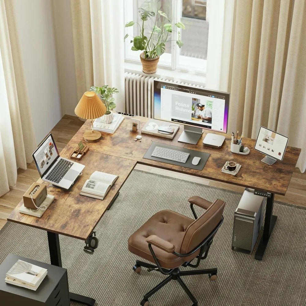 L Shaped Standing Desk Adjustable Height,63 X 55 Inch Sit Stand Computer Table with Splice Board, Rustic Brown