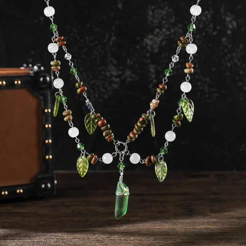 

Green Beaded Necklace for Women Forest Leaf Layered Charm Choker Cosplay Halloween Accessory Fantasy Photo Shoot Jewelry