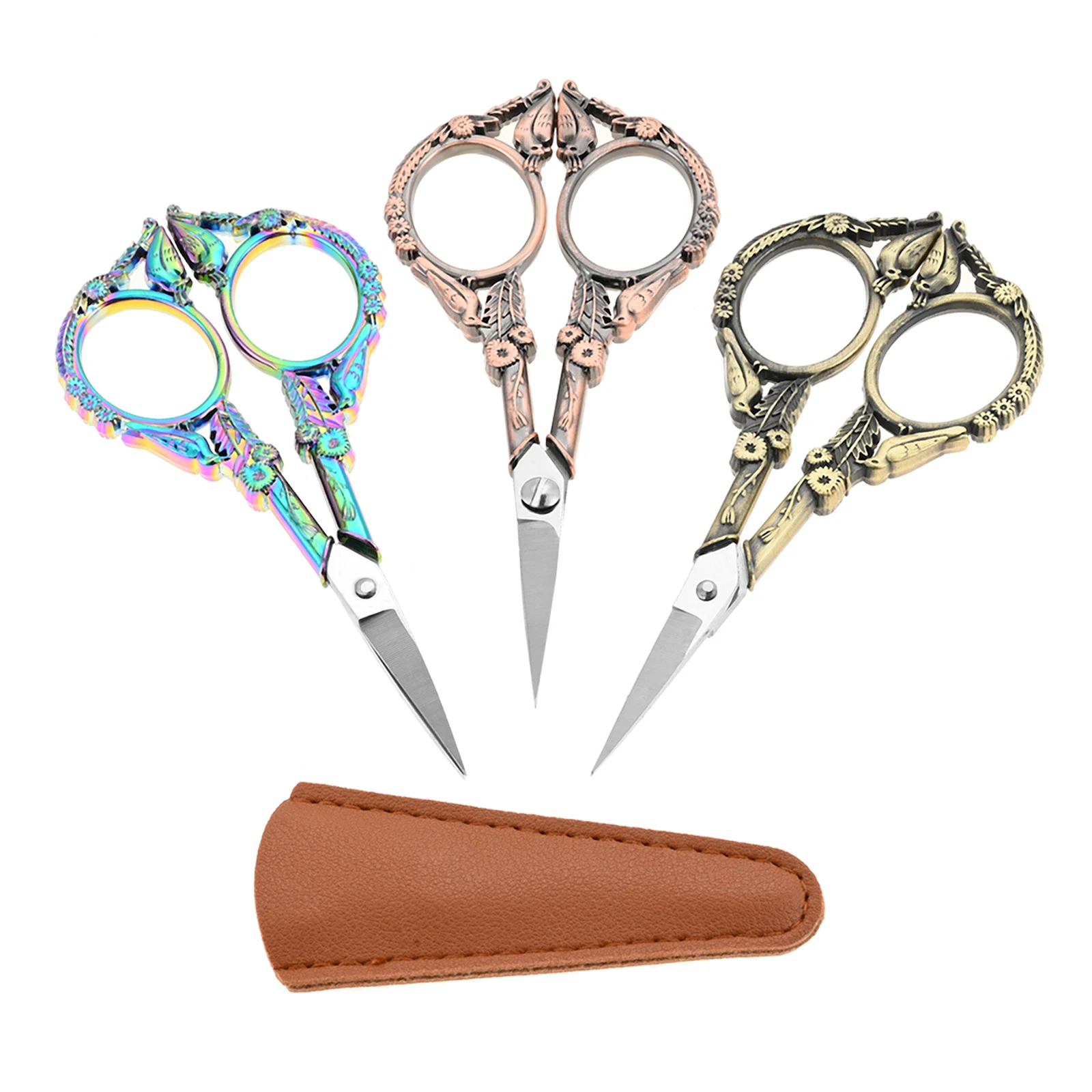 

Retro Embroidery Scissors with Leather Sheath Vintage Relief Bird Type 4.6" Sewing Tool DIY Craft Cutting Thread Cloth Stitching