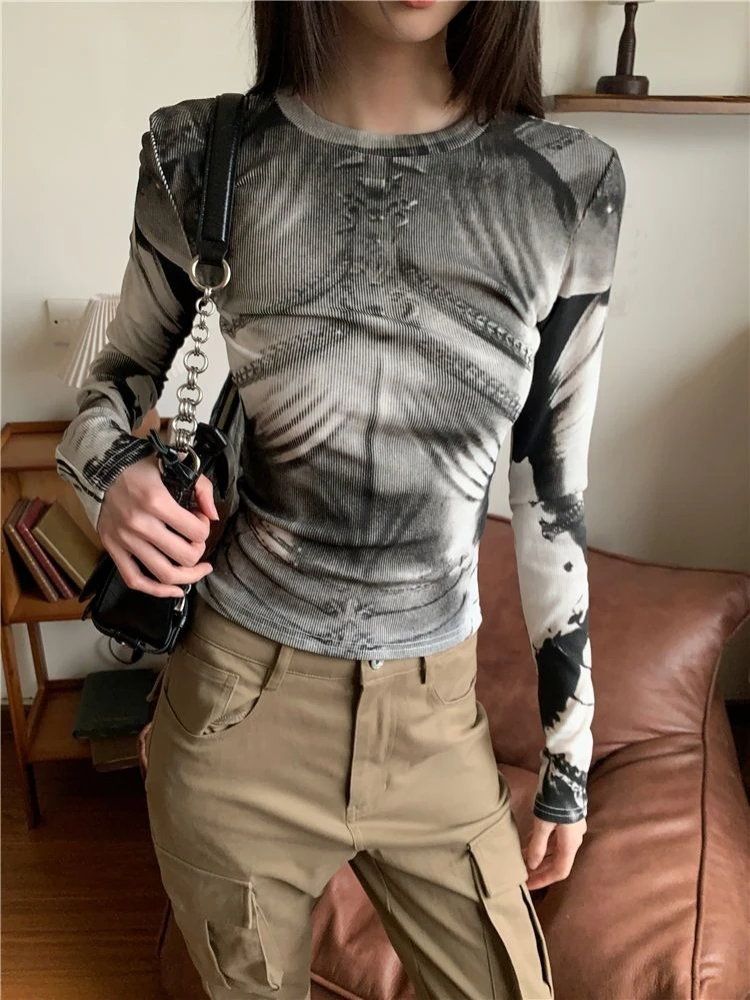 

Deeptown Y2k Gothic Vintage Juminocore Women T-Shirts Punk Harajuku Japanese 2000s Style Long Sleeve Slim Tees Streetwear Gyaru