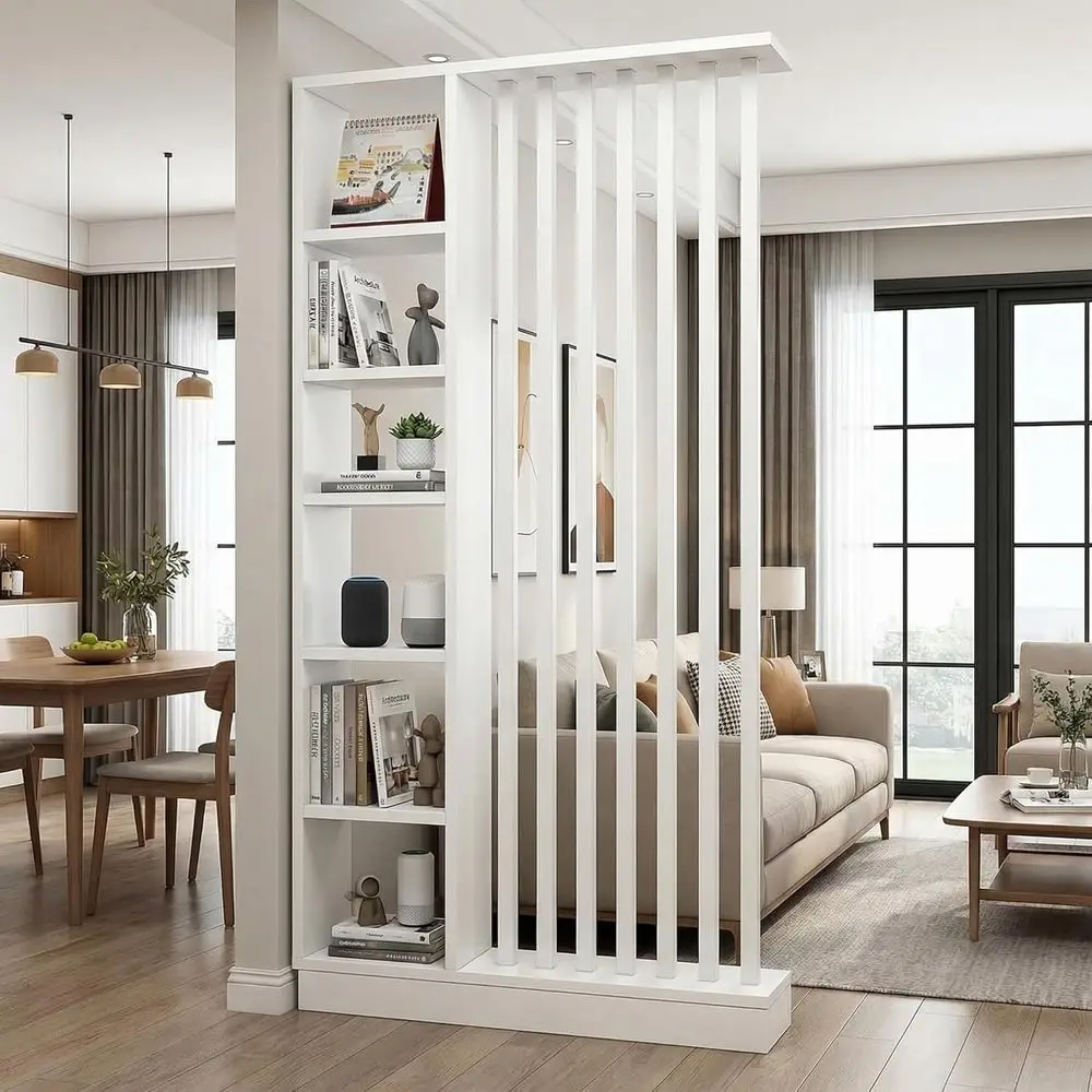 

White Floor-to-Ceiling Room Divider with Storage and Shelves for Privacy in Entrance Hall