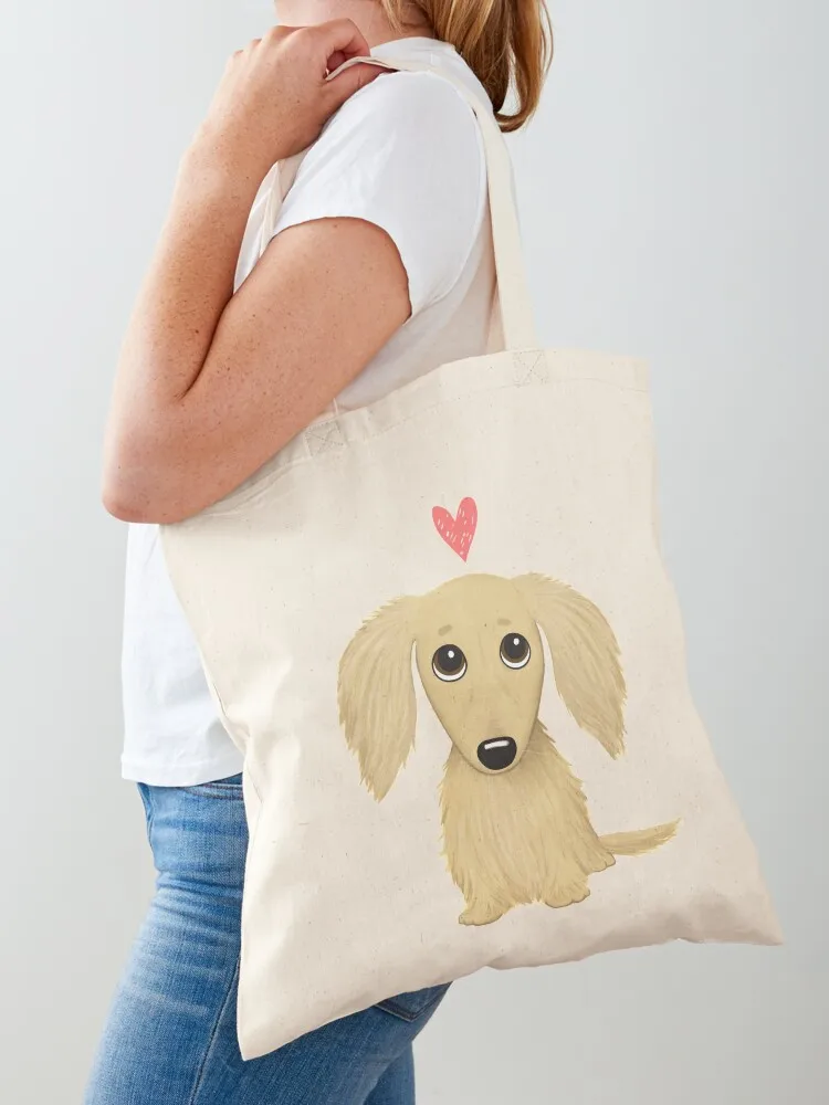 

Longhaired Cream Dachshund Cartoon Dog with Heart Tote Bag Beach bag shopping bag logo Women's tote hand ladies