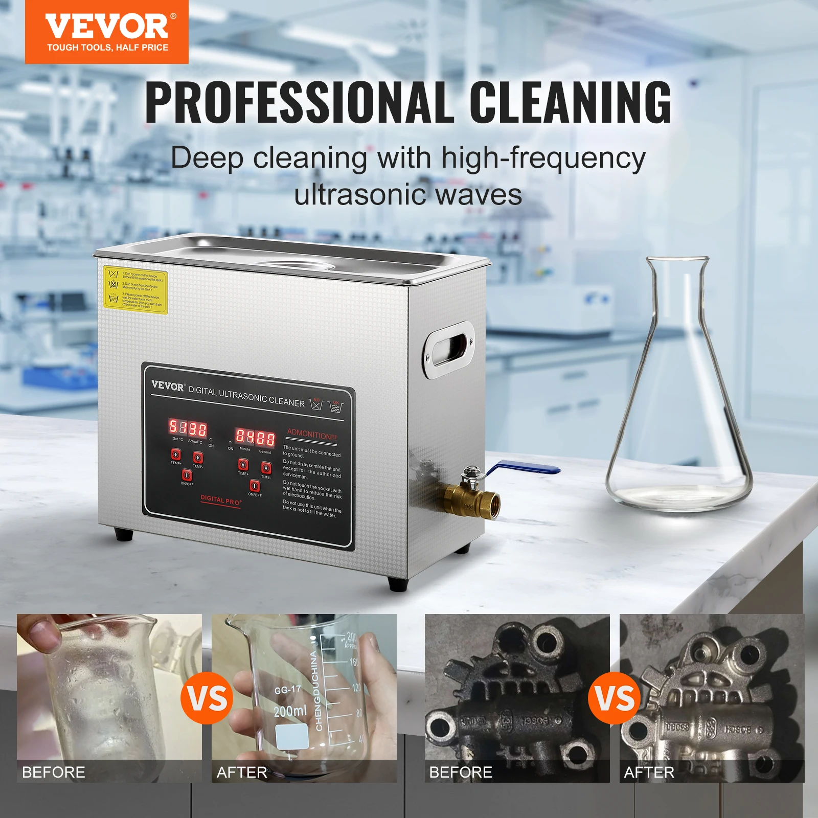 VEVOR 6L Ultrasonic Cleaner Stainless Steel Portable Heated Cleaning Washing Machine Ultrasound Home Appliance