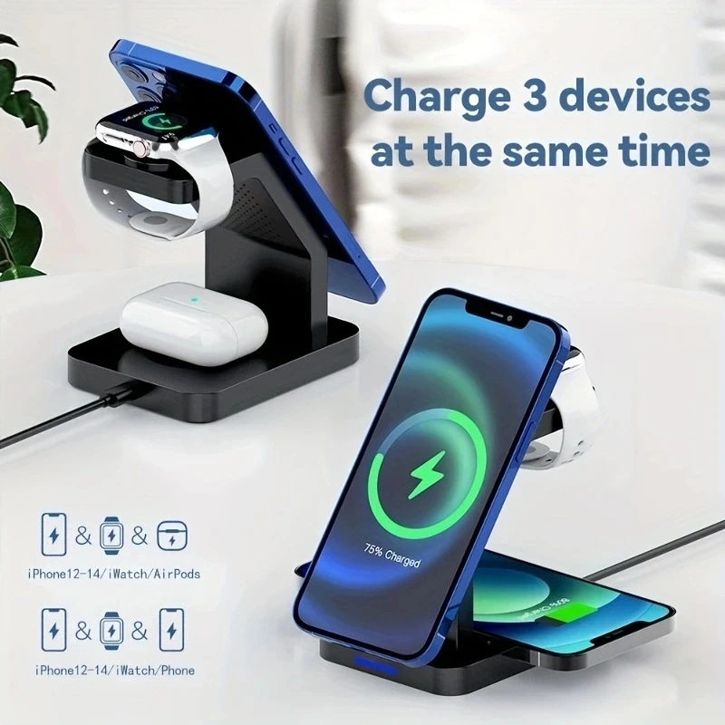 

Подставка для беспроводного зарядного устройства 15 Вт 4 в 1 для iPhone 16 15 13 12 11 X Samsun S22 S21 Apple Watch Airpods Док-станция для быстрой зарядки Cl