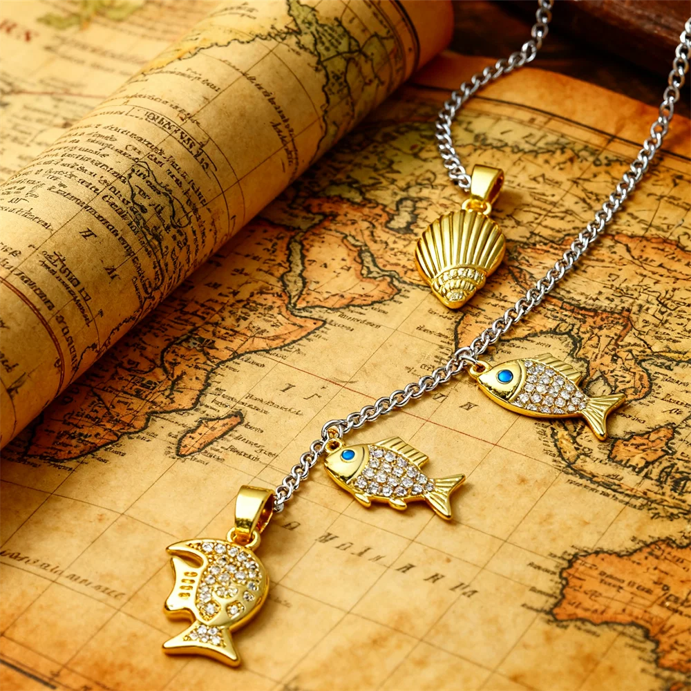 3Pcs Pendants Brass Zircon Enamel Ocean Shell Fish Charms for DIY Jewelry Necklace Bracelet Making Women Beach Style Accessories