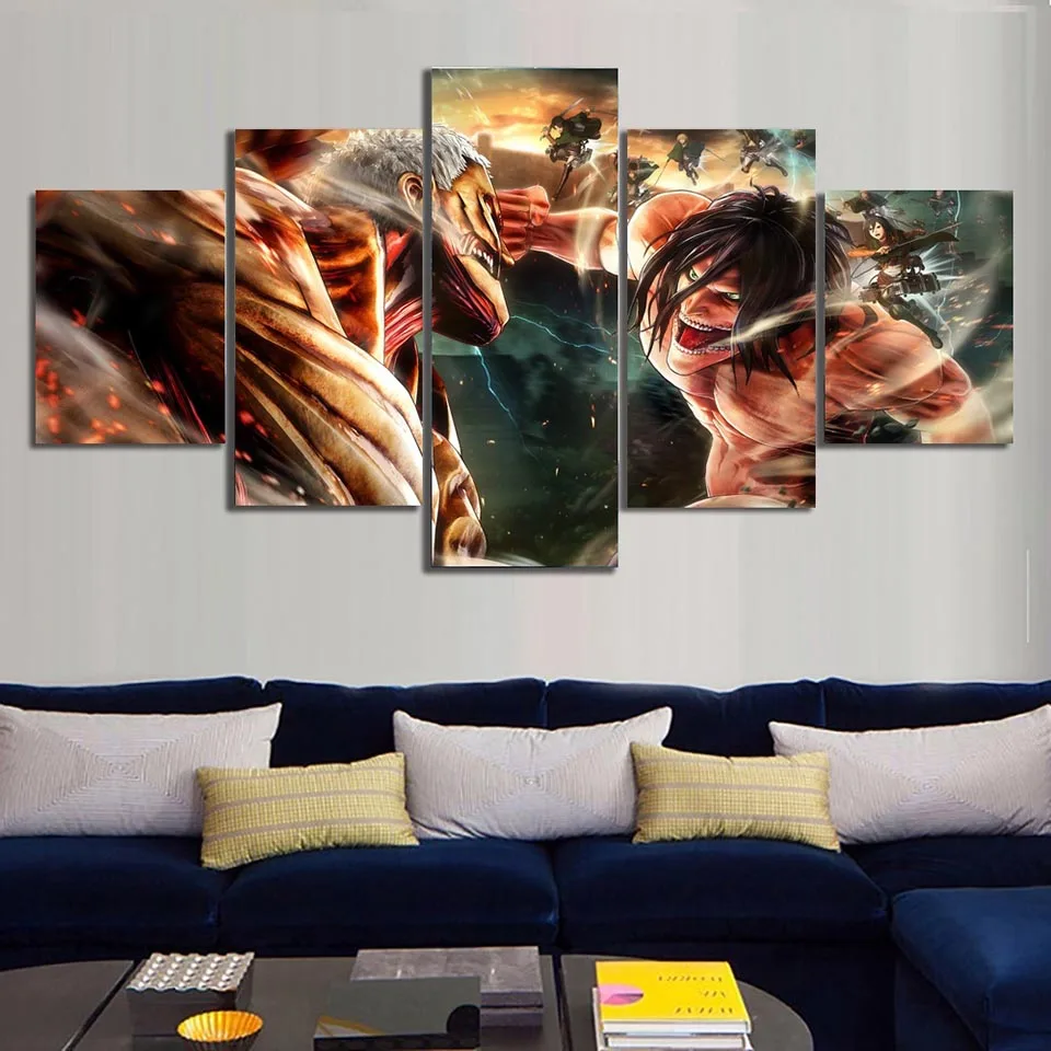 No Framed 5 Panel Eren Yeager Shingeki No Kyojin Painting Print Canvas Art Modular Pictures Wall Art for Living Room Decor