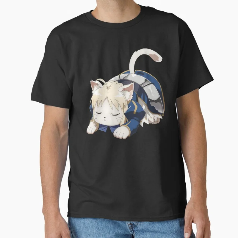 

Saber Cat 80s vintage Manga Fate stay night video game Anime T shirt for men 100% cotton print Large size gift tops S-6XL
