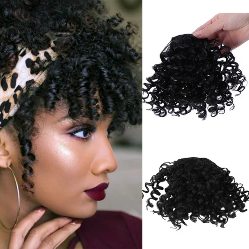 Afro Curly Bangs peruca para mulheres, preto, branco, franja falsa, clipes, natural, acessórios de cabelo sintéticos