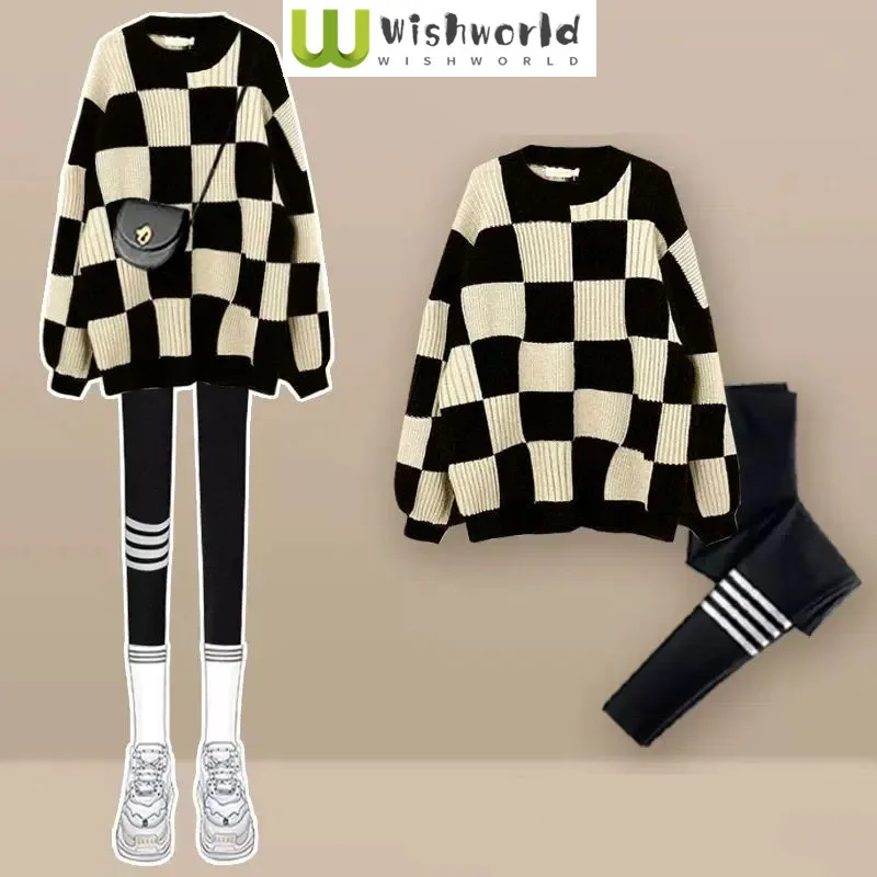 

2023 Checkerboard Splice Pullover Sweater Knit Tight Leggings Two Piece Elegant Women's Pants Set Winter Outfits