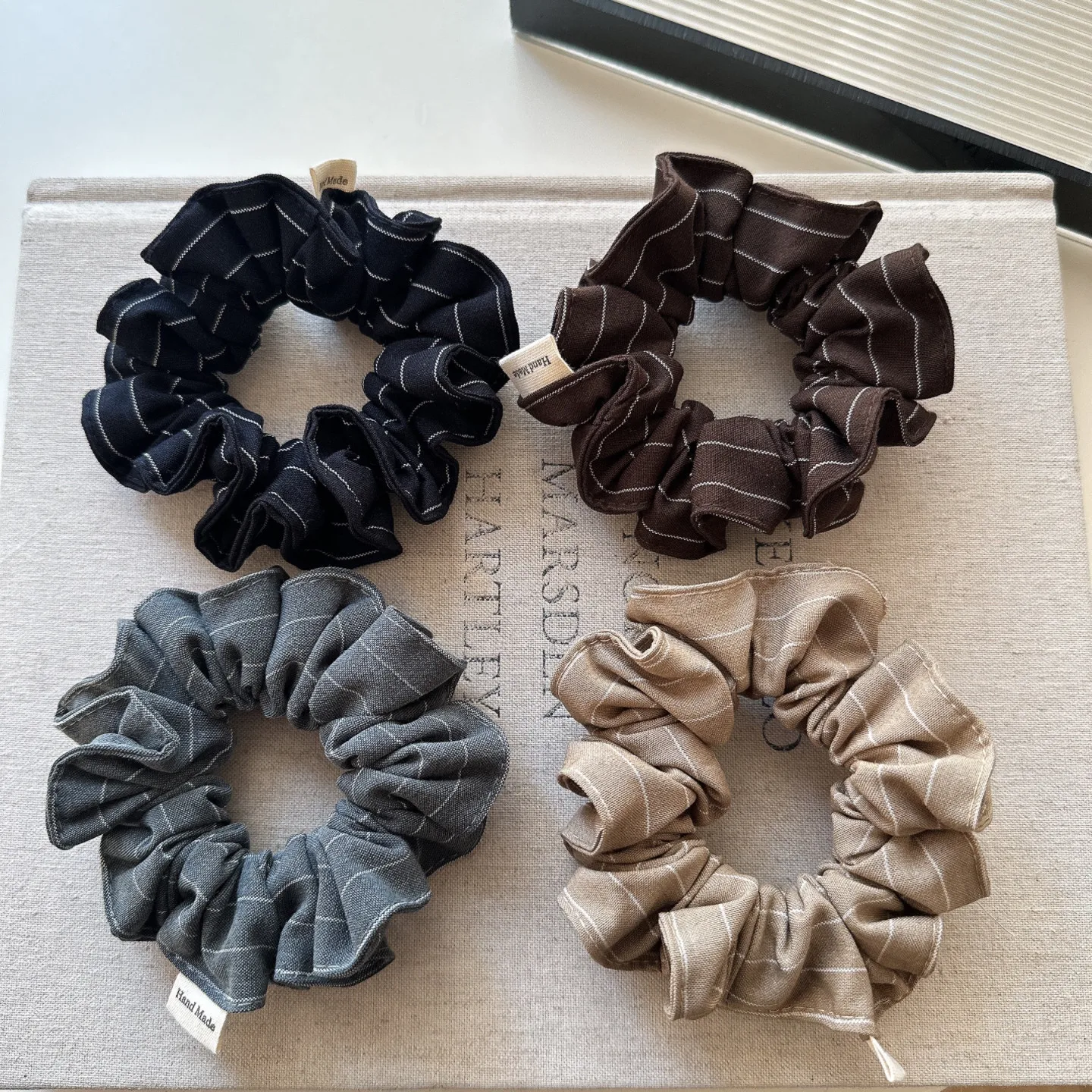 

Premium Fabric Striped Small Scrunchie for Ponytail Half Updo Elegant Versatile Lightweight Soft Elastic Daily Hair Accessory