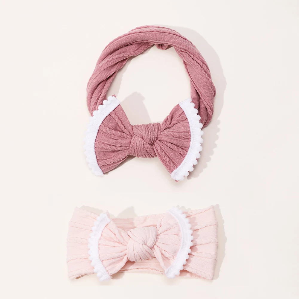 2Pcs/Lot Cable Knit Baby Headbands Pink Series Elastic Bowknot Hairball Edge Hair Bands For Newborn Girls Kids Hair Accessories