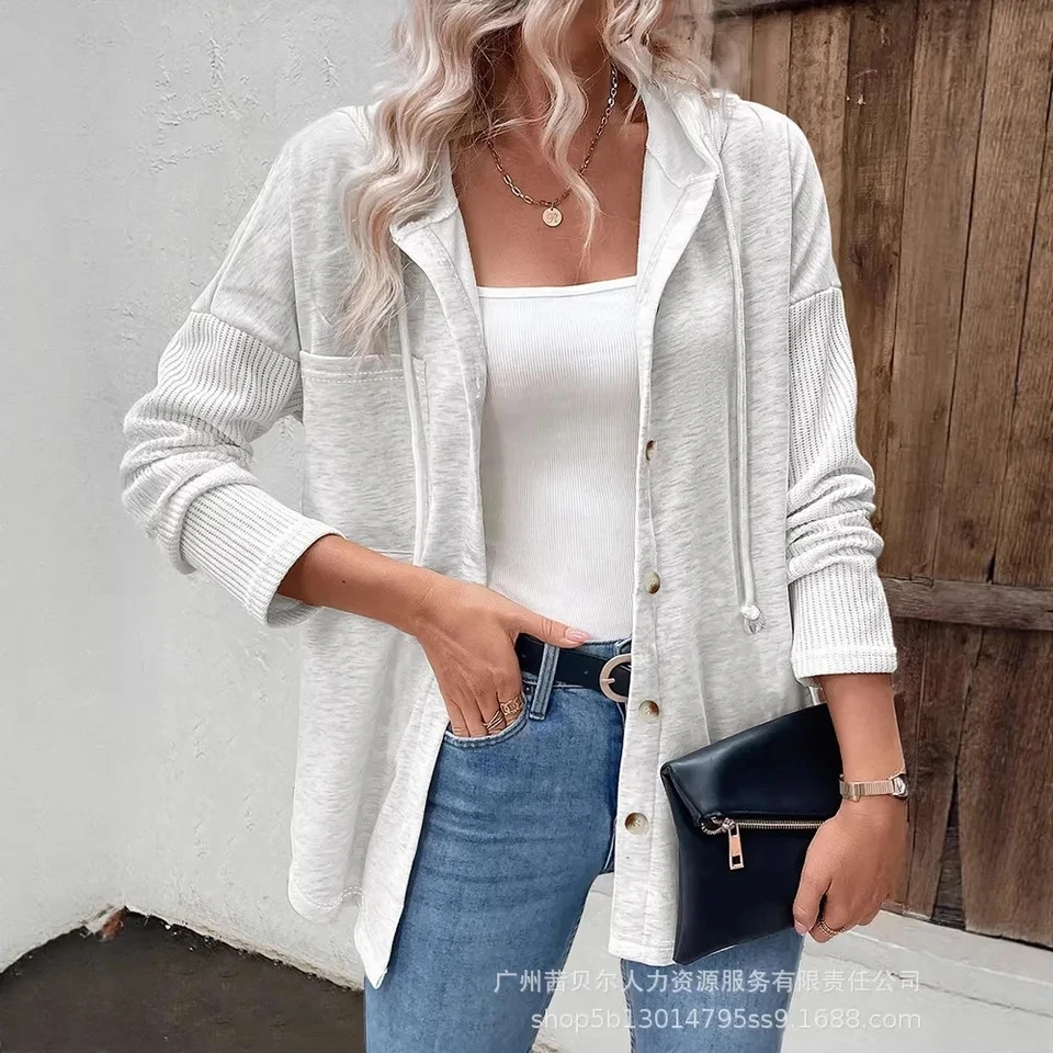 

2026 Spring Summer New Light Gray Lazy Style Button Patchwork Long Sleeve Hoodie Loose Casual Women Top