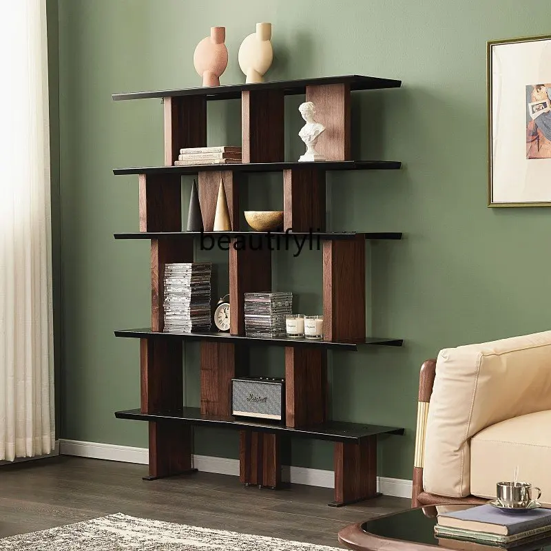 North America Black Walnut Italian Wrought Iron Bookcase Storage Rack Creative Solid Wood Storage Partition Frame