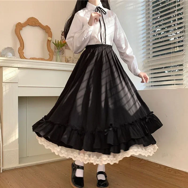 Japanische Rüschen Faltenrock Frau Süße Hohe Taille Lose Knöchellangen Röcke Frauen College Stil Schwarz Patchwork A-linie Rock
