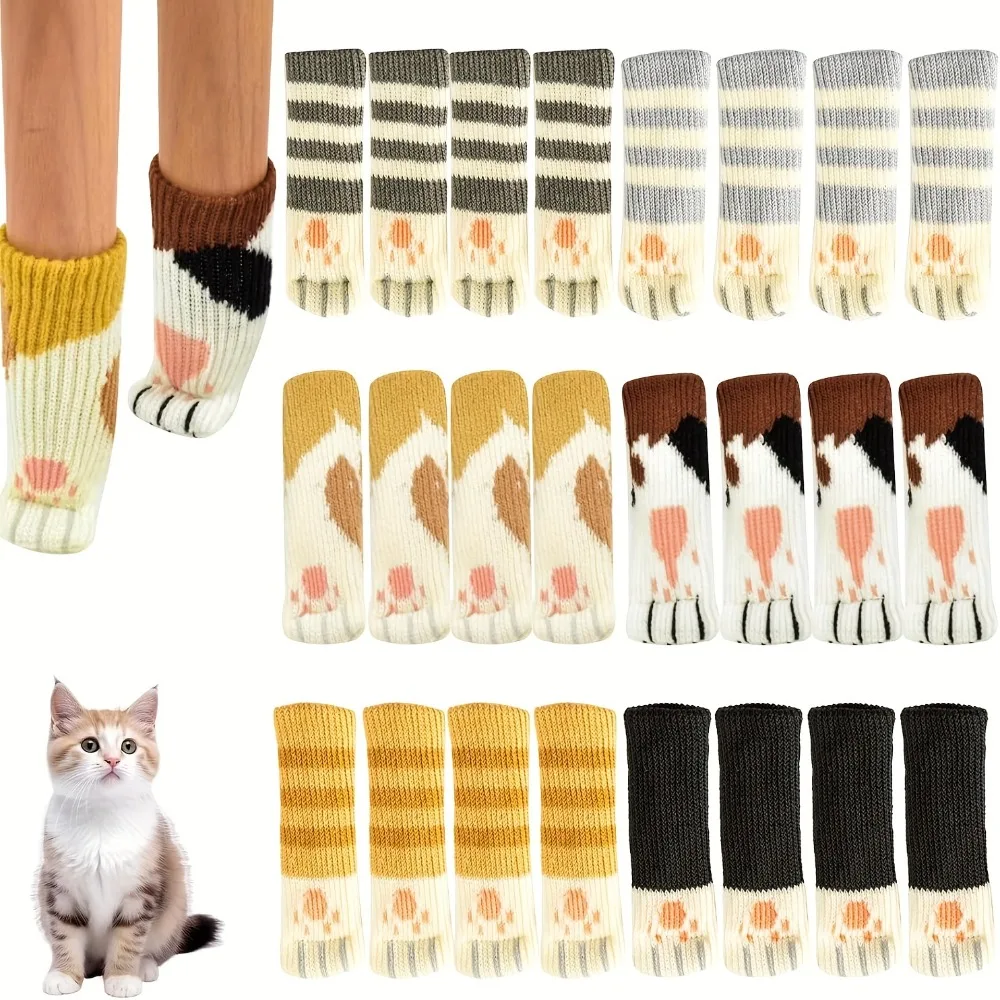 24Pcs Cat Paw Pattern Furniture Covers 6 Sets of Knitted Covers for Table & Chair Legs, Door Handles - Non-Slip Wear-Resistant & Noise-Reducing. Thickened Pads with Cute Cat Print, Protect Floors & Surfaces From Scratches, Ideal for Home Furniture