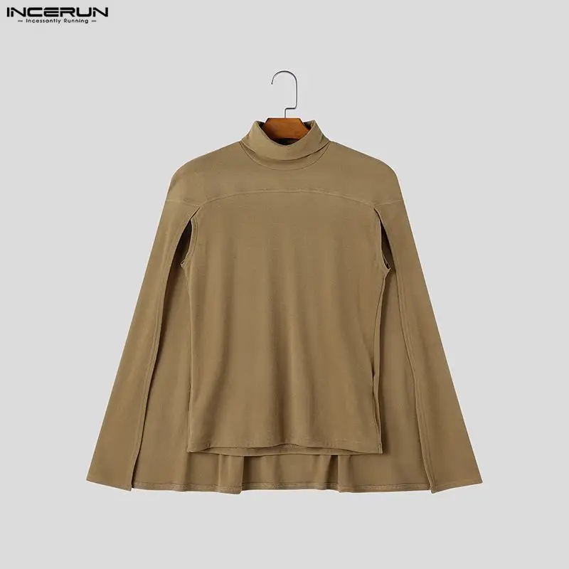 Men's Irregular T Shirt INCERUN Solid Turtleneck Casual Cloak For Man Tee Tops Streetwear Fashion Men Clothes Cape Personality