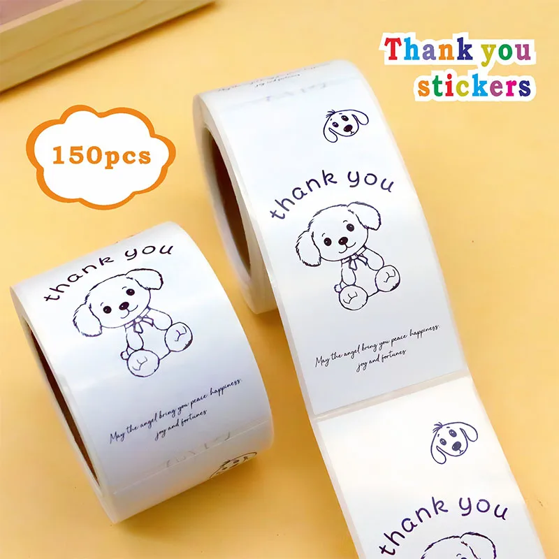 150pcs Rectangle Adhesive Label Thank You Roll Stickers Cartoon Dog Bear Kawaii Gift Decorative Packaging Seal Business Paper