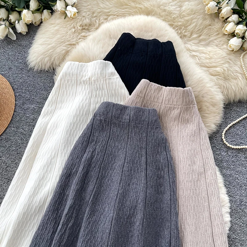 Women Knit Skirt Korean Style High Waist A Line Casual Patchwork Midi Skirt Slimming Versatile Knit Faldas Female Fall SK148