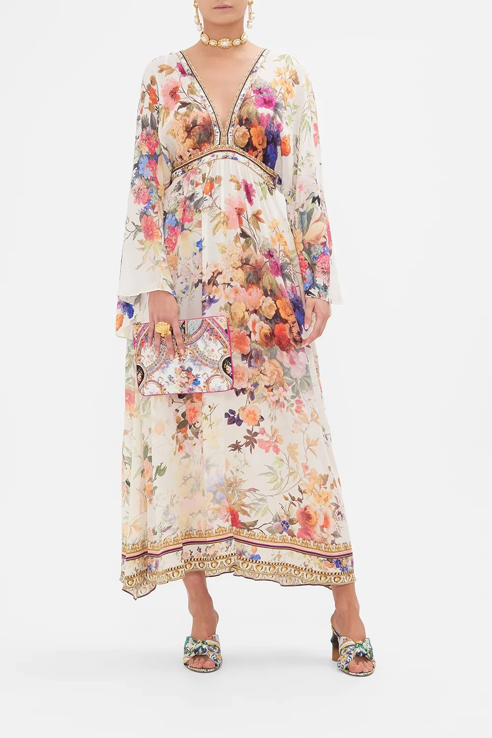 

100% Silk Beaded V-Neck Women Floral Printed Flare Long Sleeve Maxi Dress