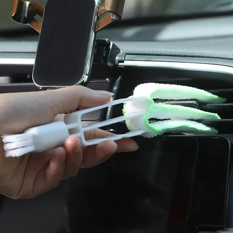 Car Double Head Air Conditioner Vent Microfiber Detailing Cleaning Brush Auto Air Vent Brush With Detachable Cover Dust Removal