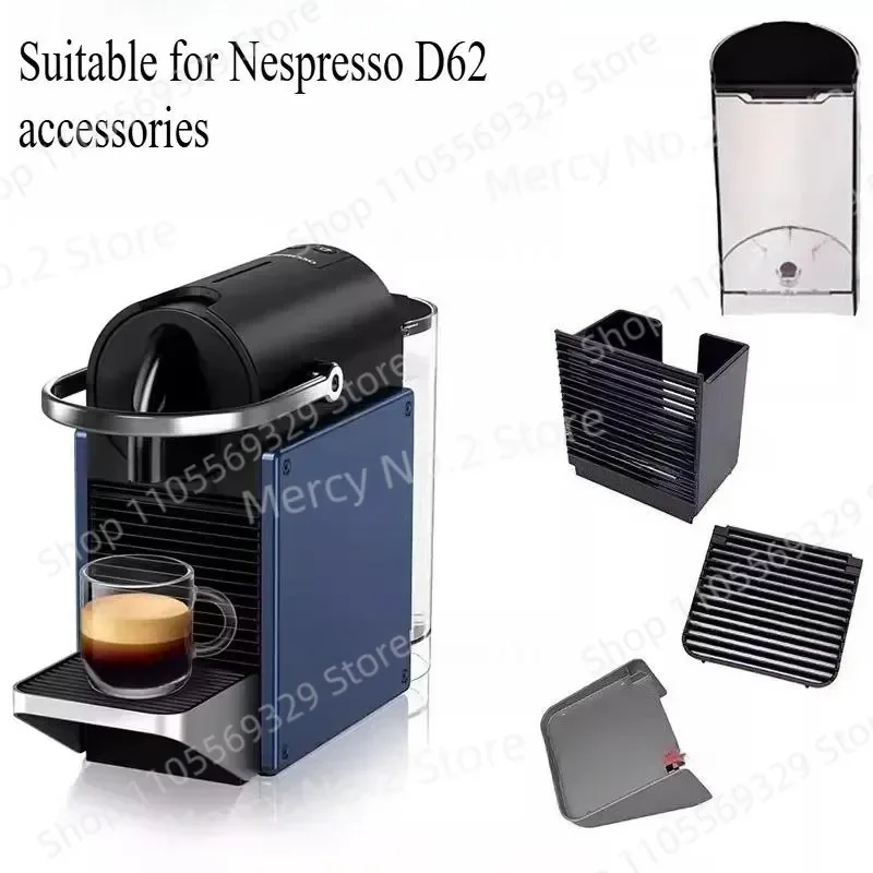 Accessoires pour machine à café à capsules Nespresso Pixie C62 D62 : réservoir d'eau, boîte à capsules, base, plateau d'égouttement