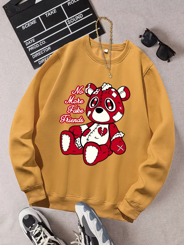 Heartbroken Little Bear Print Tracksuit Men Retro Versatile Tops Fashion Casual Sweatshirt Autumn Round Neck Warm Sportswears