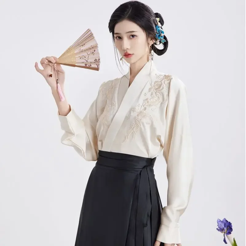 3 Color Song Dynasty Original Flower Cluster Cross Collar Embroidered Machine Sleeved Hanfu Top for Women Autumn Fashion Top