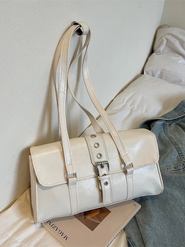 Casual Cool Biker Single Shoulder Bag for Women Spring 2026 Fashionable Minimalist Handbag Soft Leather Rectangular Shape