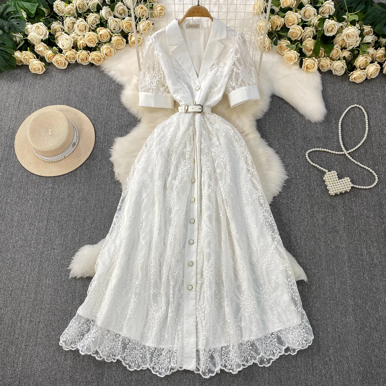 

Dress Women Long Dresses A Line Vestidos Streetwear Turn Down Collar Half Sleeve Elegant Splice Y2k Tight Waist Slim Fit Work