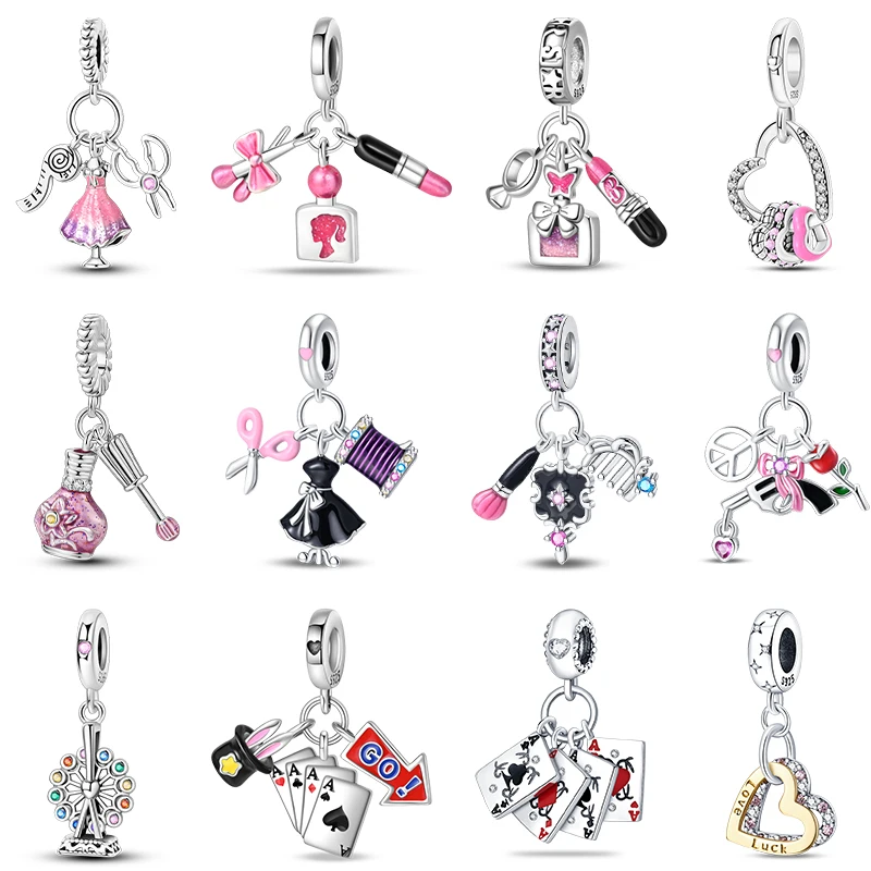 925 Sterling Silver Pink Dress Charms Beads Fit Original Bracelets Bag Keychain Earring Pendant Diy Women Jewelry Gift