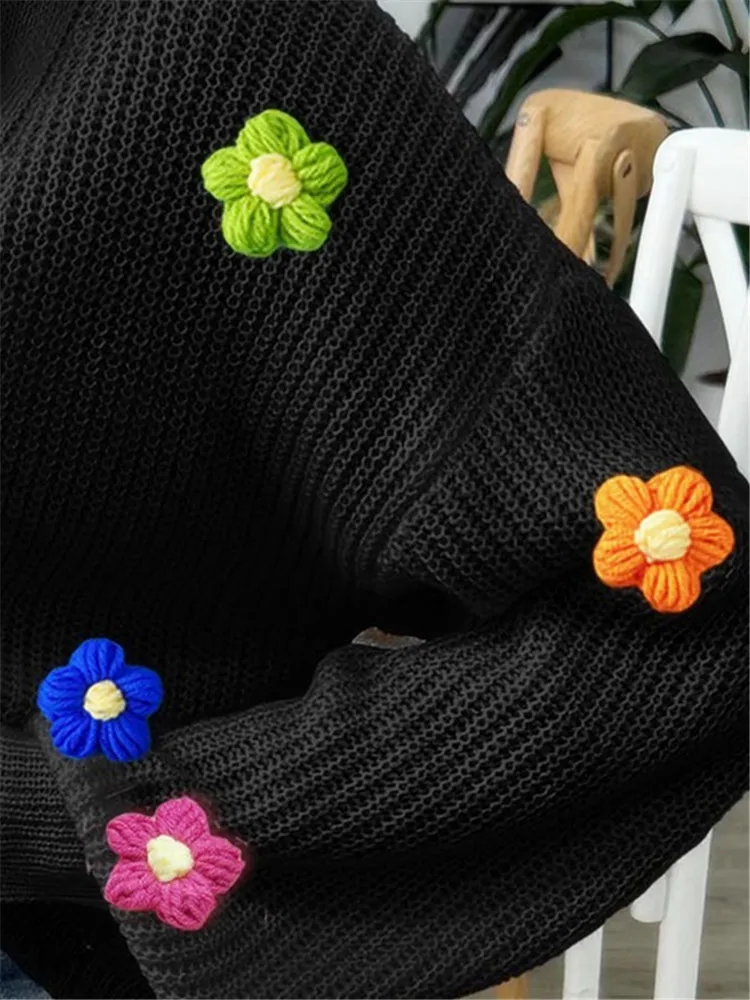 Suéter de flores de punto para mujer, cárdigan de manga larga con botones, ropa de calle negra, prendas de vestir de otoño e invierno, 2024