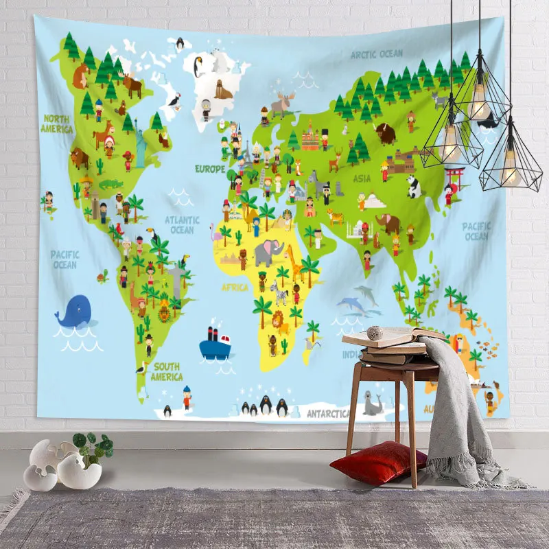 Animals World Map Tapestry Wall Hanging Large Kids Educational Landmarks World Map Tapestry Kindergarten Children\'s Room Decor