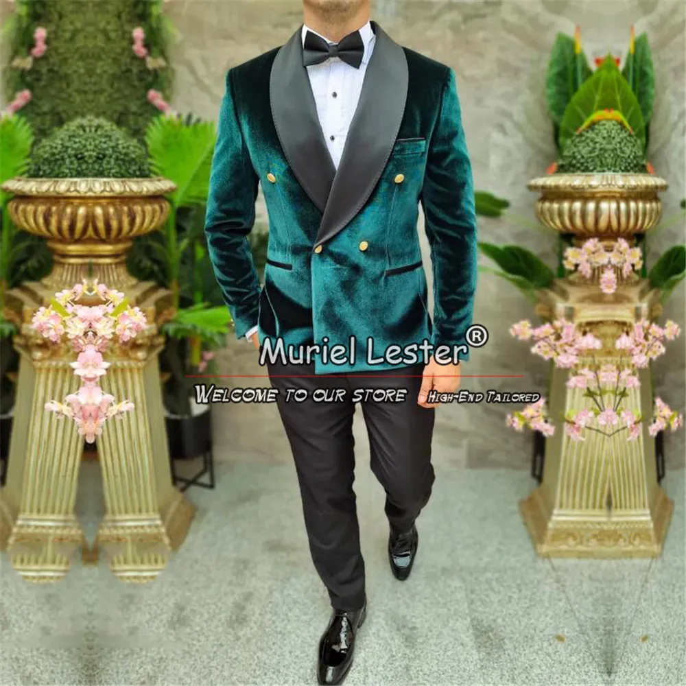 Elegant Man Velvet Suits For Wedding Double Breasted Prom Blazer Men's Formal Party Jacket Pants 2 Pieces Groom Tuxedos Bespoke