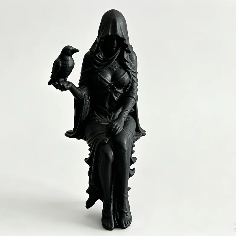 Gothic Hooded Woman With Raven Statue Figurine Mysterious Lady Shelf Sitter Ornament Home Tabletop Halloween Decor Gift