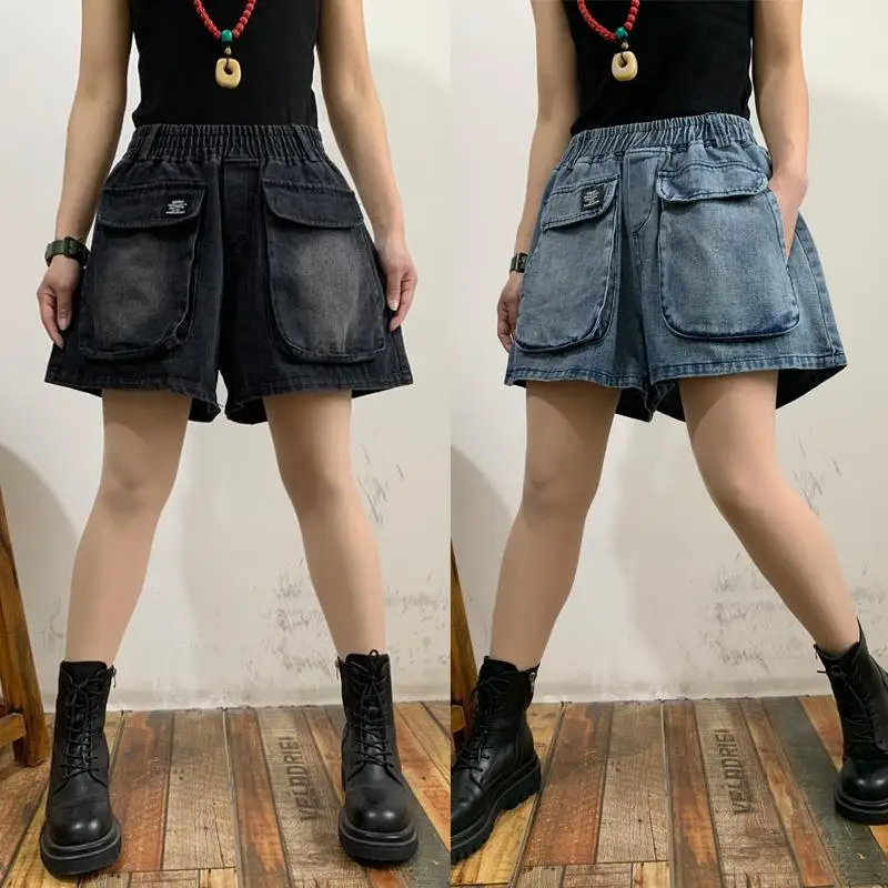 European goods 2025 summer new fashion personality big pocket hot pants women large size thin black denim shorts women tide