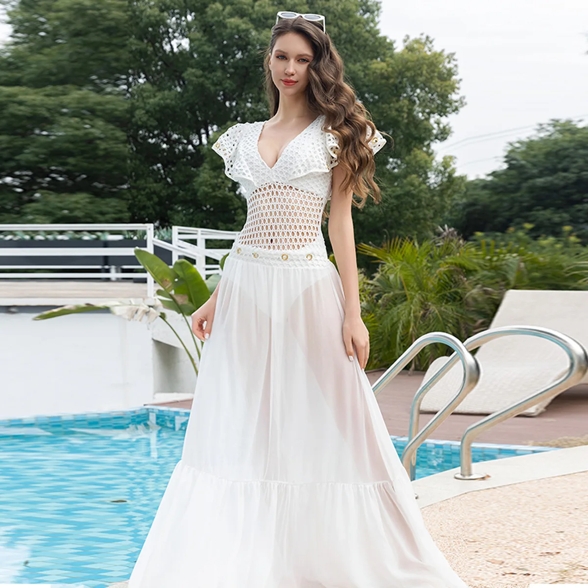 

One Piece Swimsuit For Women European And American Swimsuit White Fishing Net Ruffle Edge One-piece Swimsuit Suit Women