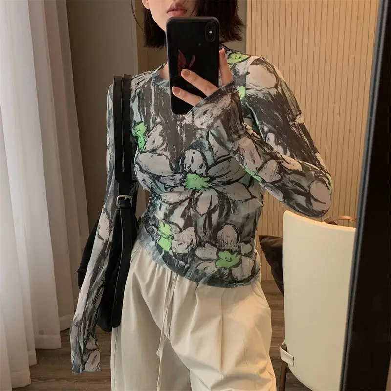 Oil Painting Style Design Autumn New Versatile Floral Graffiti Elastic Slim Mesh Skin Coat