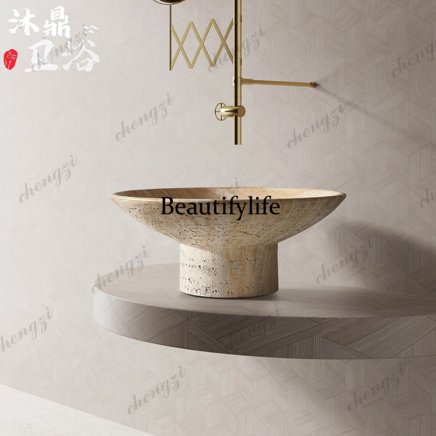 Wabi Sandy Wind Natural Travertine Granular Platform Basin Wash Basin Bed and Breakfast Club Designer Advanced Sense Basin