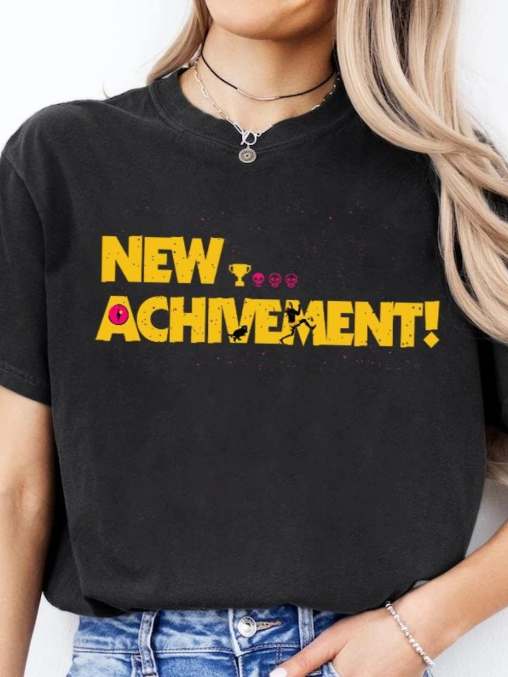 Men's LitRPG Graphic T-Shirt  Achievement for Dungeon Explorer Karl! Black Shirt with Yellow and Pink Accents Soft  T-Shirt