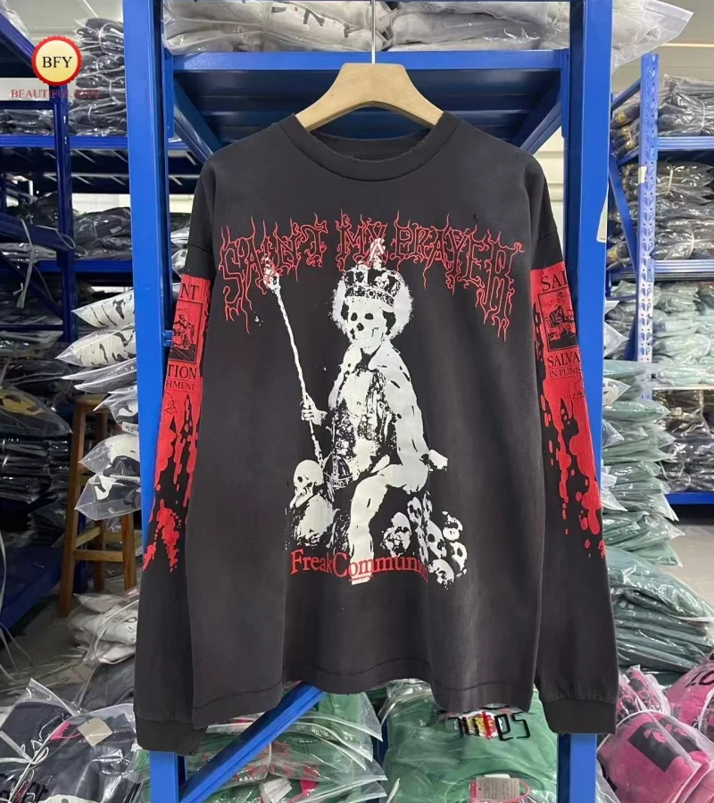 

SAINT Skull Throne Washed Long Sleeve TEE High Quality 25SS Men's & Women's Relaxed Fit Casual Tops
