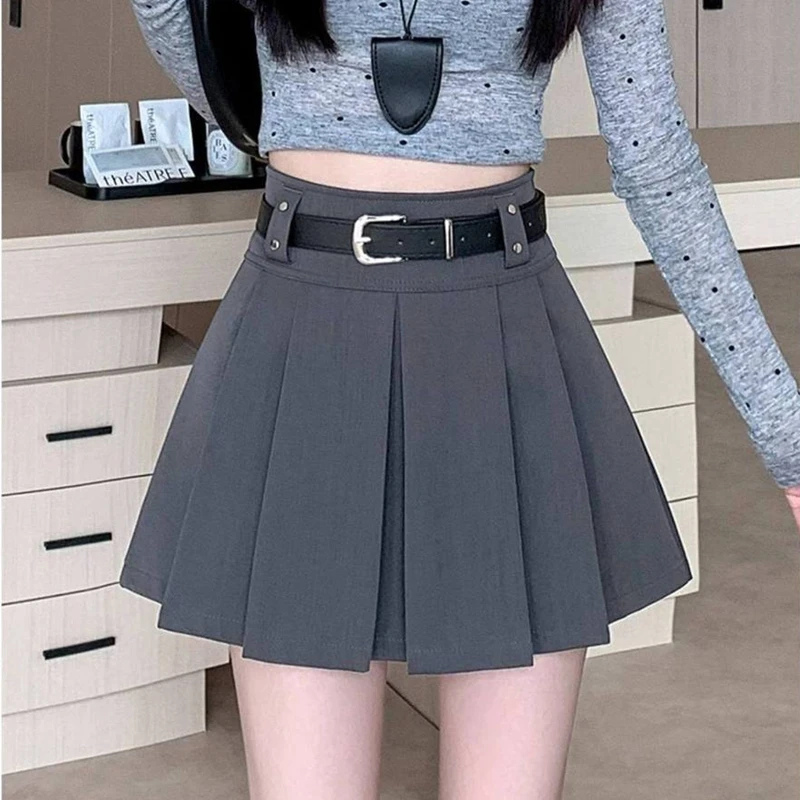 Women's Black Gray Pleated Skirts Korean Fashion High Waist A-Line Skirts Autumn Winter All-Match Shorts Mini Skirt with Belt