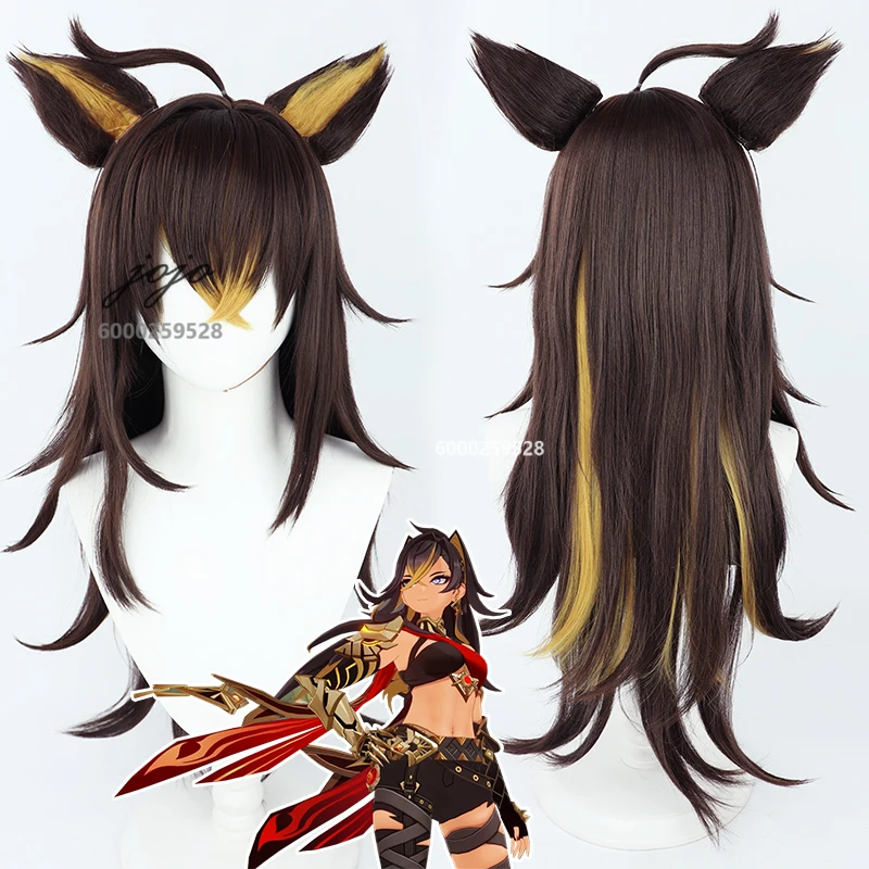 Genshin Impact Game Dehya Cosplay Wigs Wig with Ears Silicone Scalp Wig Halloween Christmas Party Women Men Essential Anime Wig